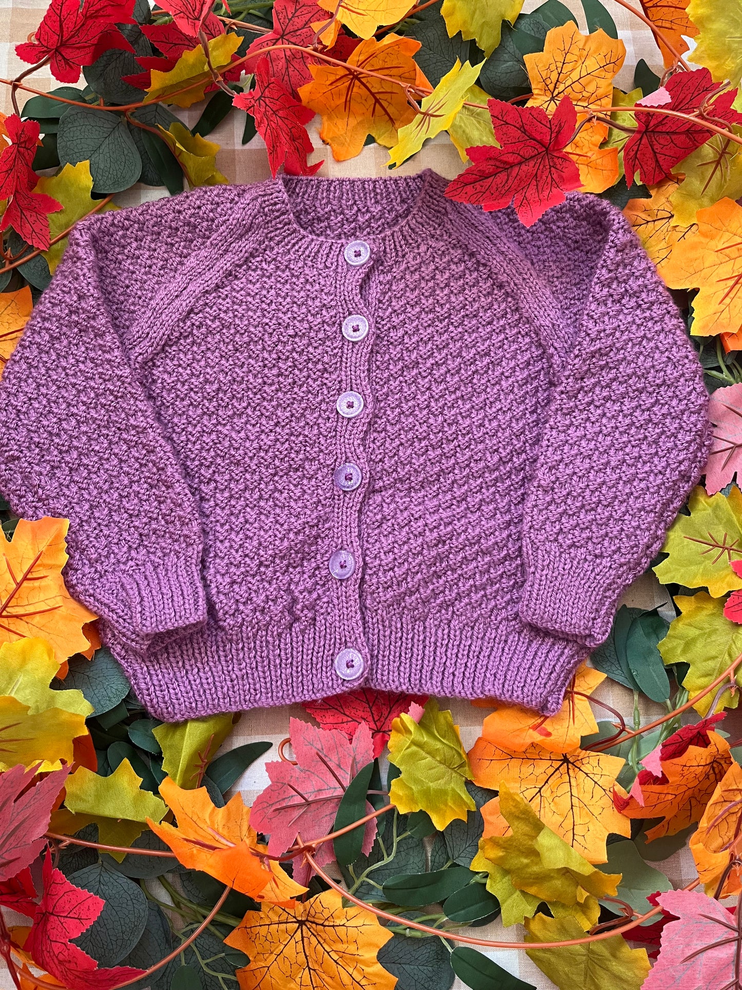 Size 2-3 Years, Autumn Fairy, Purple Hand Knitted Cardigan