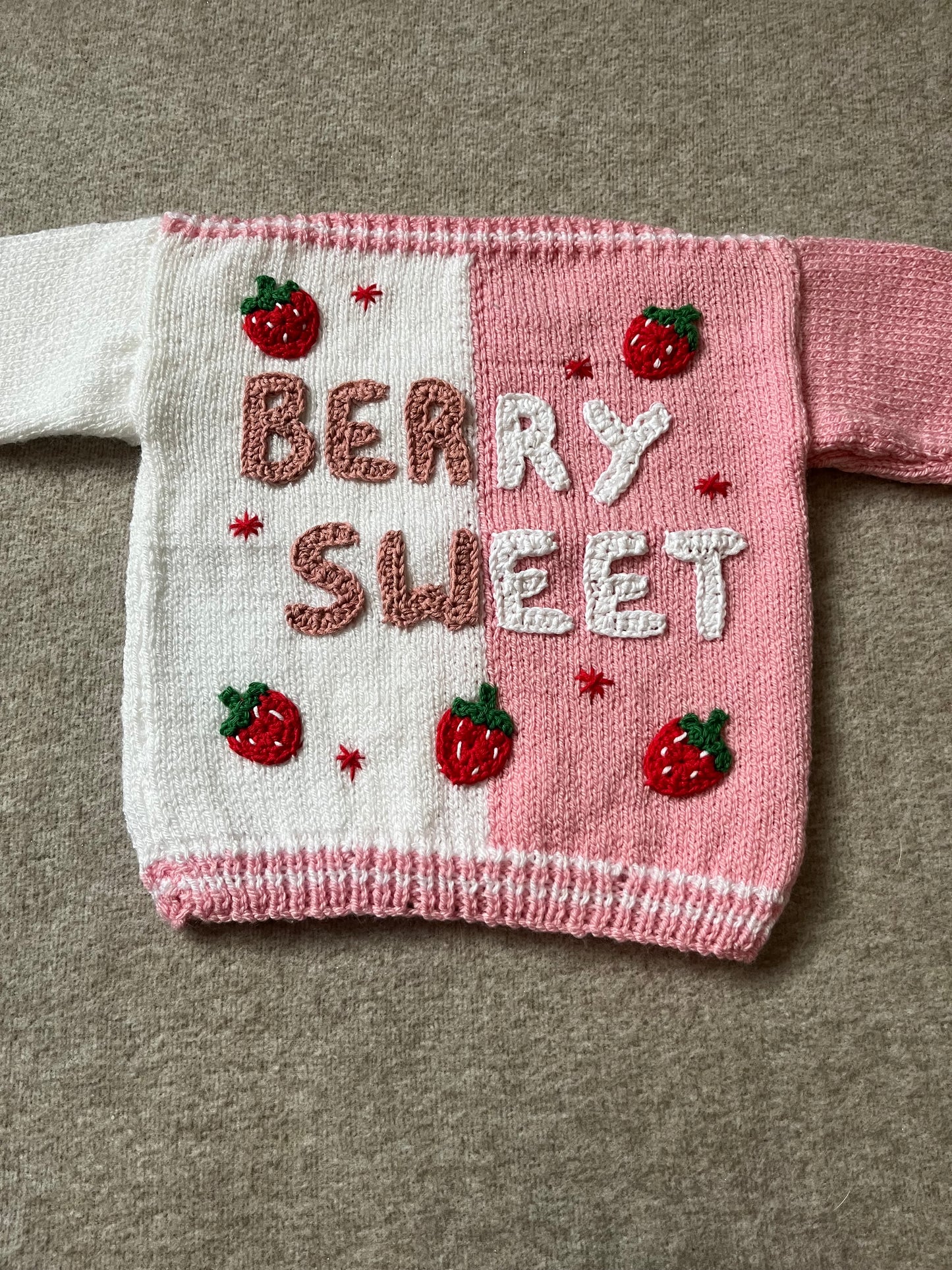 Size 12-18 Months, Berry Sweet, Strawberry Sweater, Hand Knitted Baby Jumper, Two Tone Pink & White