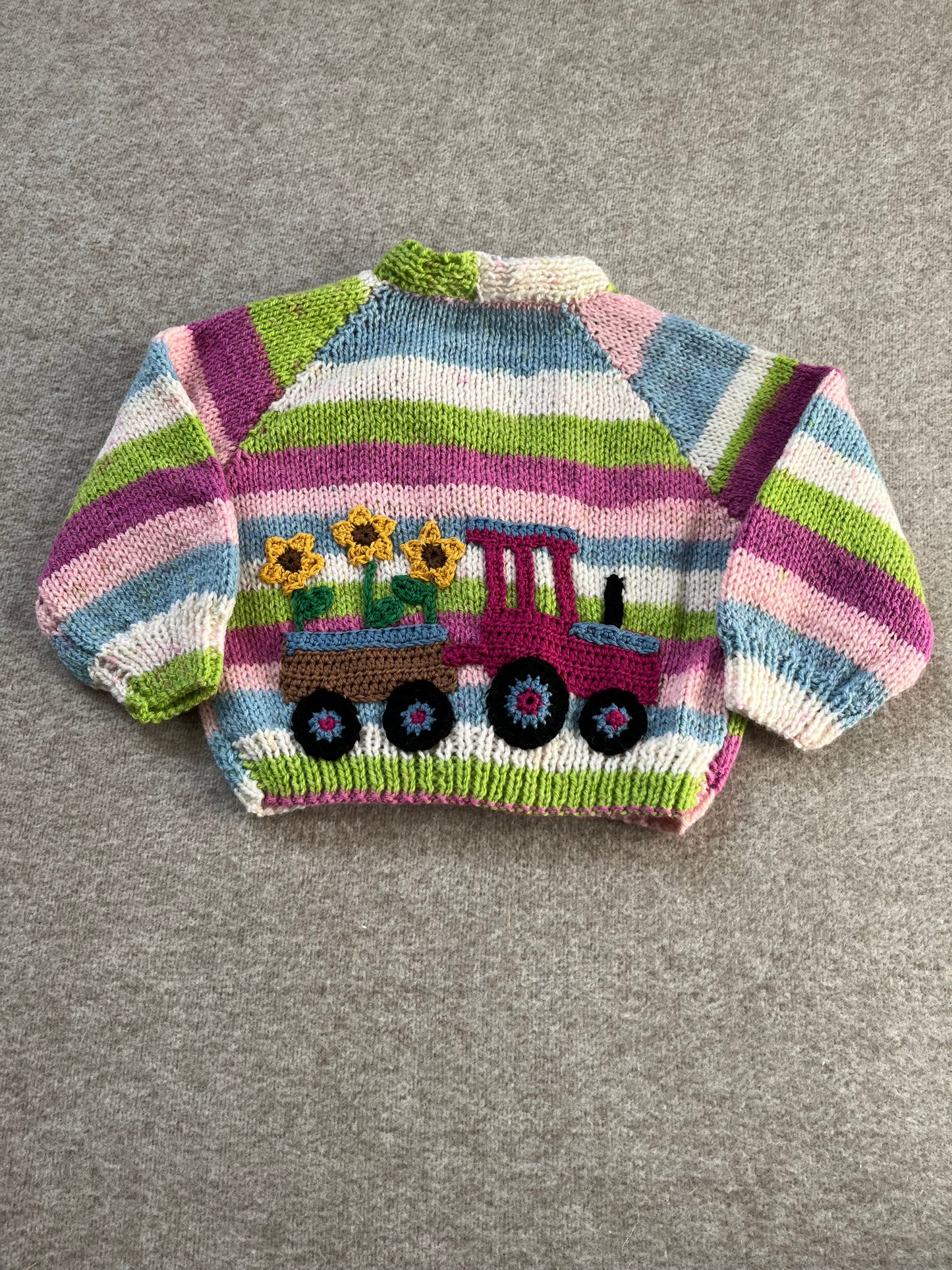 Size 6-12 Months, Sunflower Tractor, Stripe Hand Knitted Cardigan