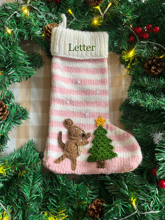 Pink & White stripe stocking, little mouse with Christmas Tree, Add a letter