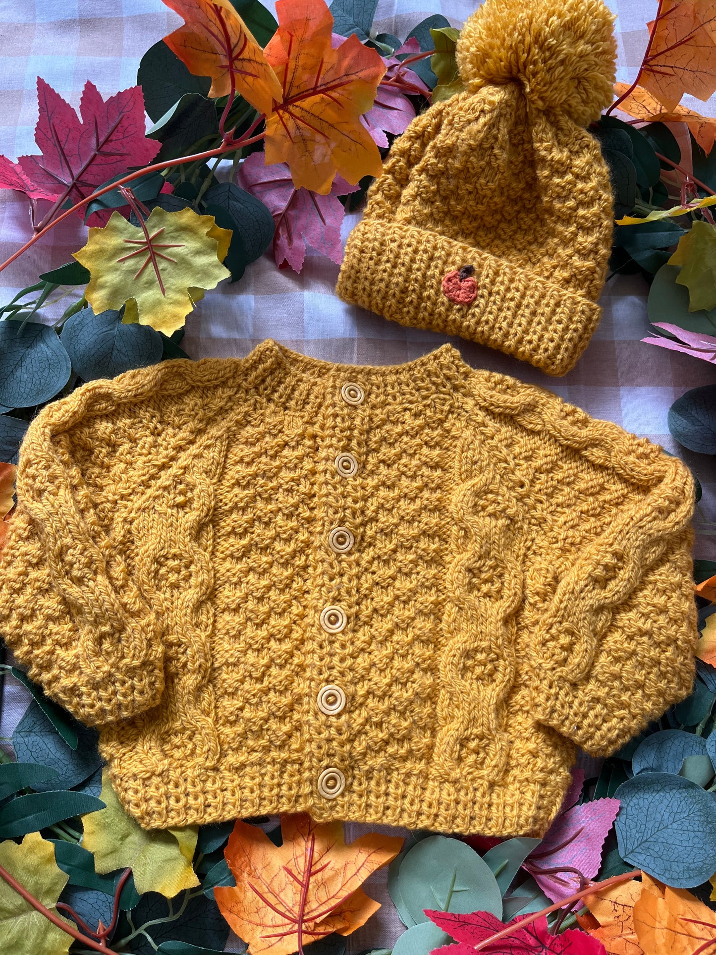 Size 0-6 Months, Mustard Hello Pumpkin Cardi & Hat set