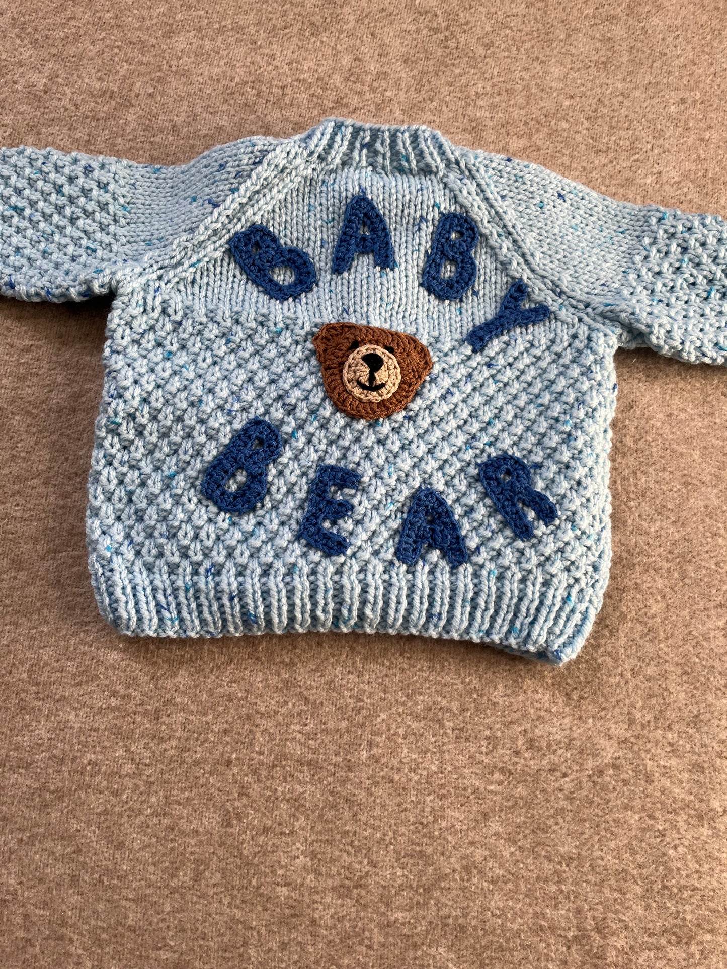 Size 6-12 Months, Blue Baby Bear Hand Knitted Cardigan, Bear In Pocket