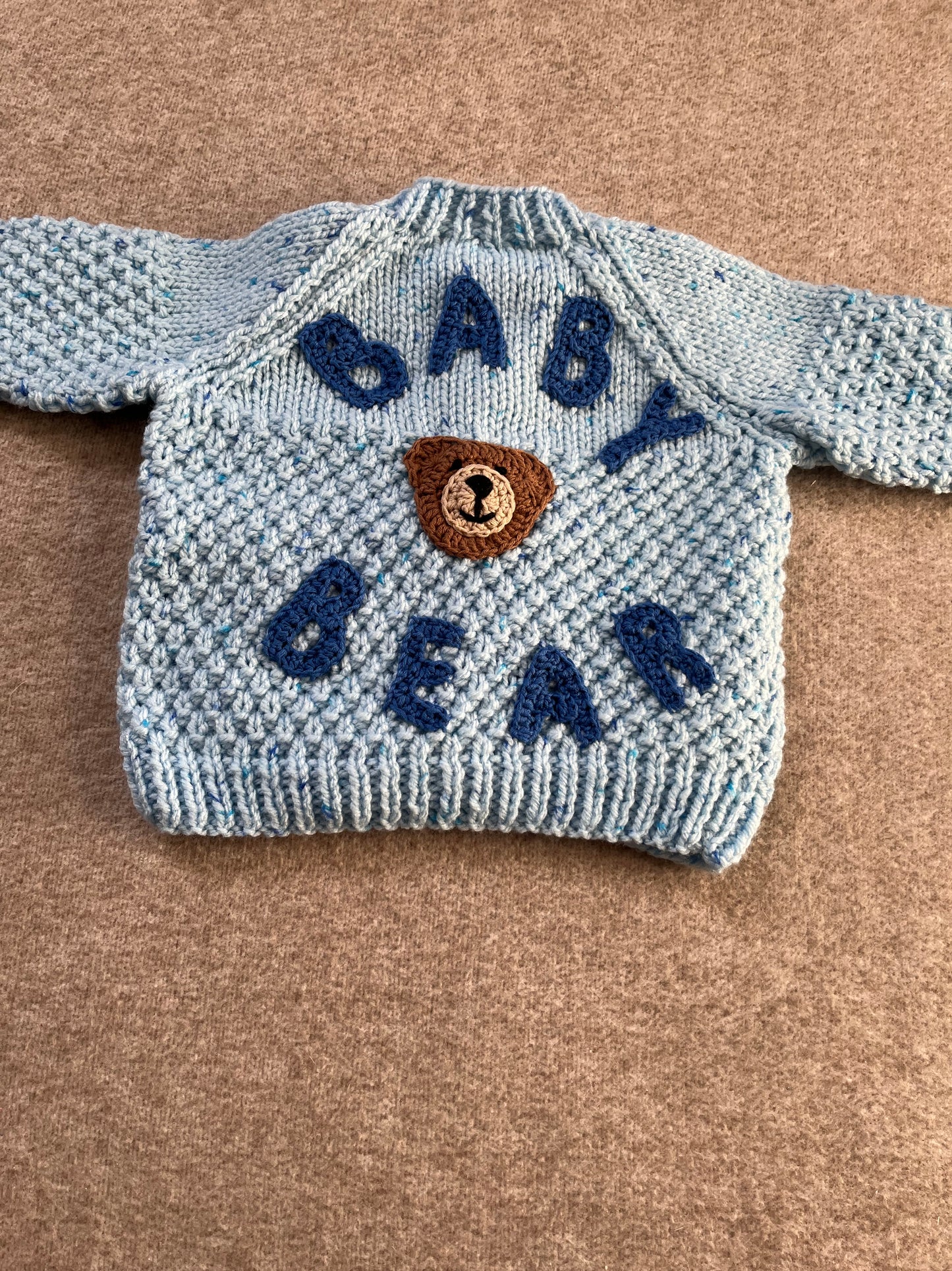 Size 6-12 Months, Blue Baby Bear Hand Knitted Cardigan, Bear In Pocket