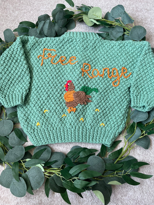 Size 3-5 Years, Free Range, Green Hand Knitted Cardigan