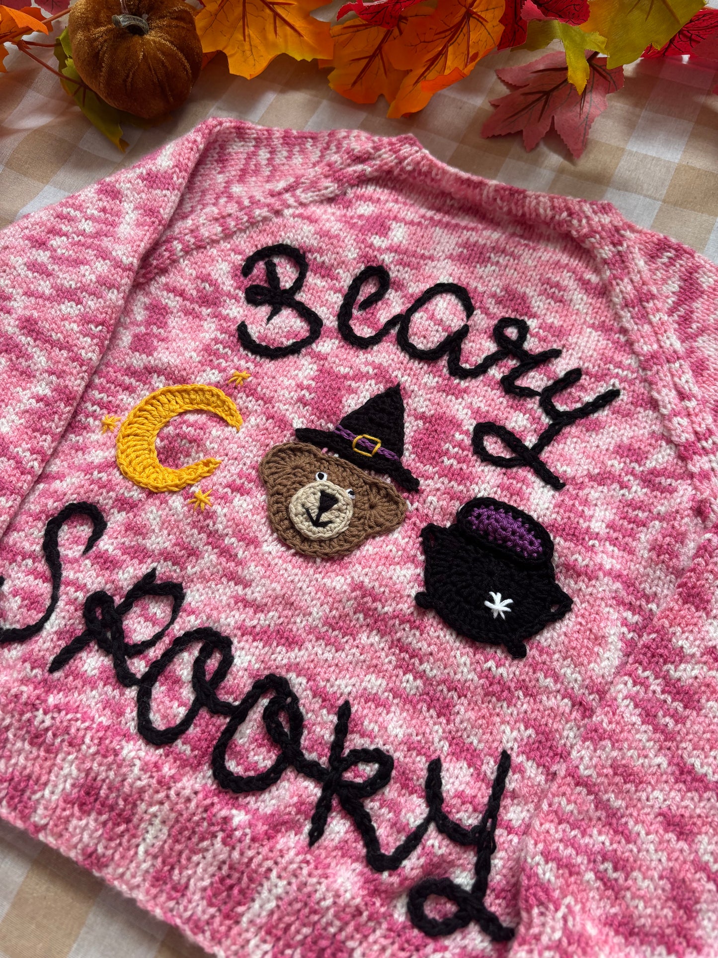 Size 4-5 Years, Beary Spooky, Pink Hand Knitted Cardi
