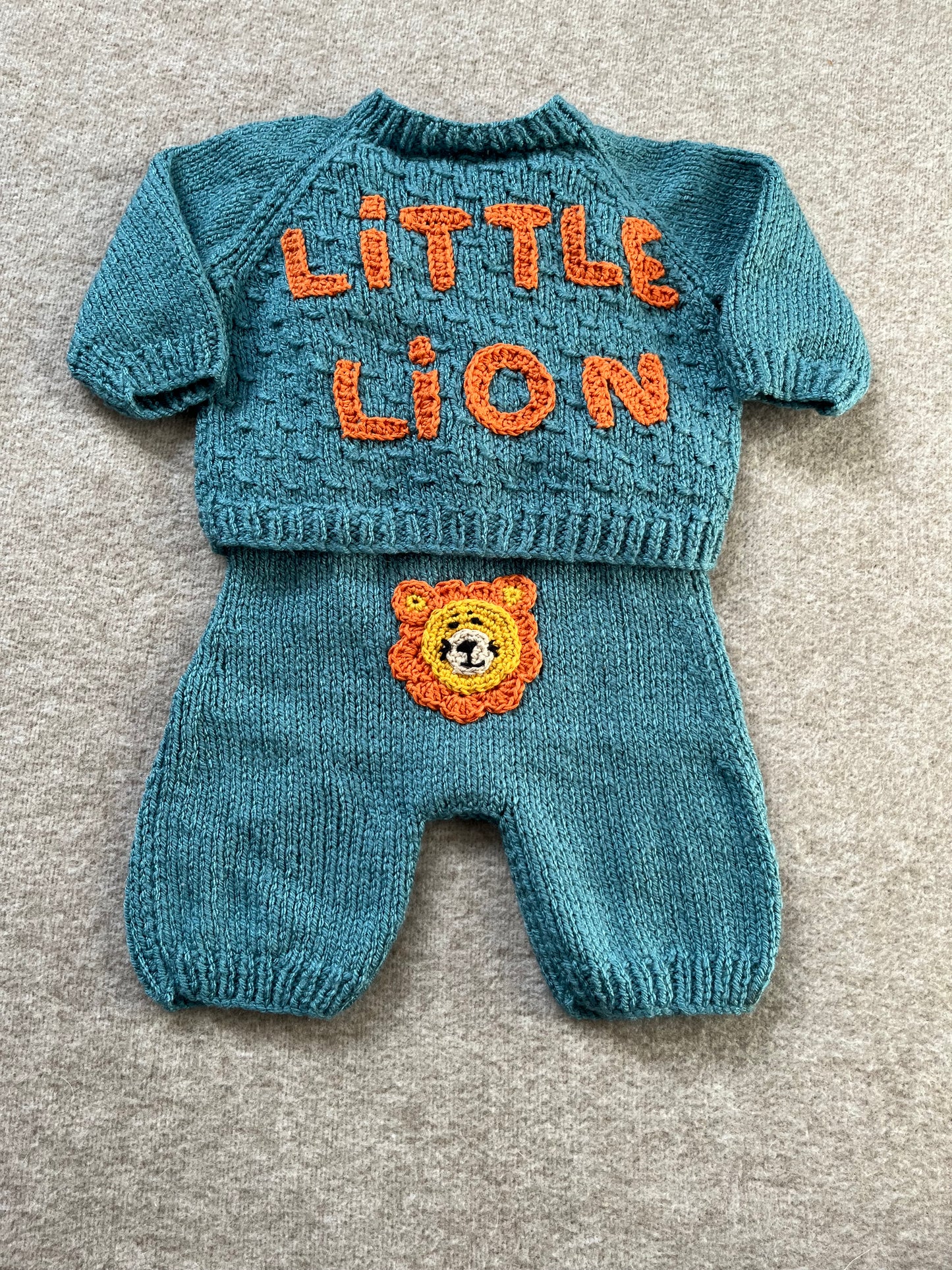 Size 0-3 Months, Baby Romper & Cardigan Set, Hand Knitted Turquoise Baby Gift, Little Lion