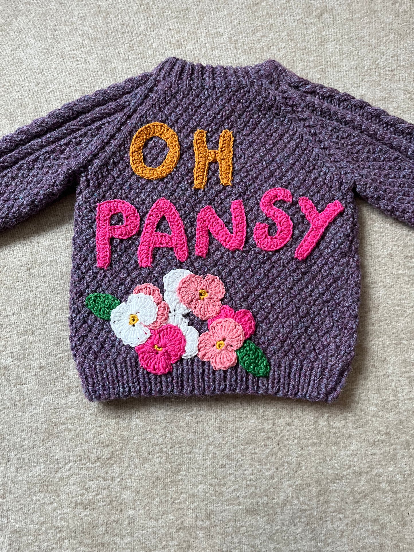 Size 1-2 Years, Oh Pansy, Hand Knitted Purple Jumper, Baby Sweater