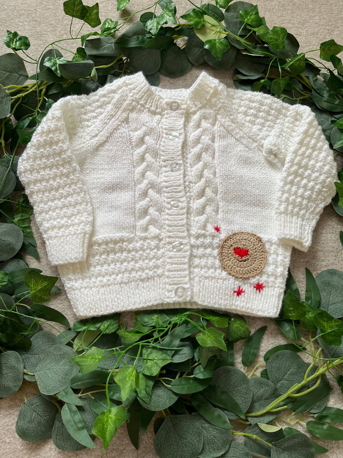 Size 1-2 Years, Jammy Dodger, White Hand Knitted Cardigan