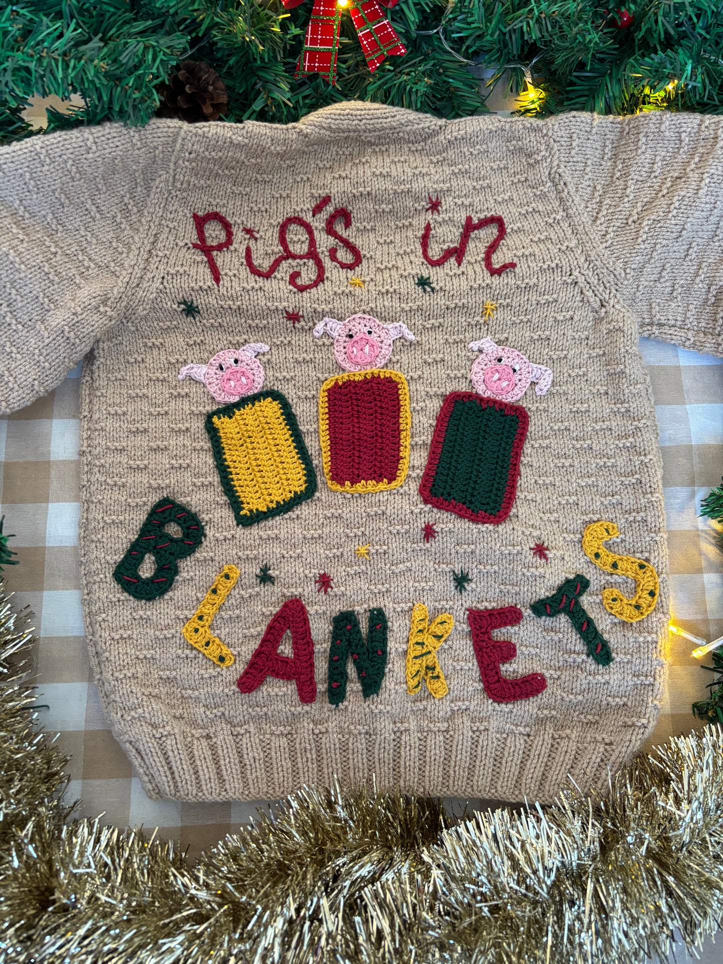 Size 5-7 Years, Pigs in Blankets, Beige Hand knitted Cardi