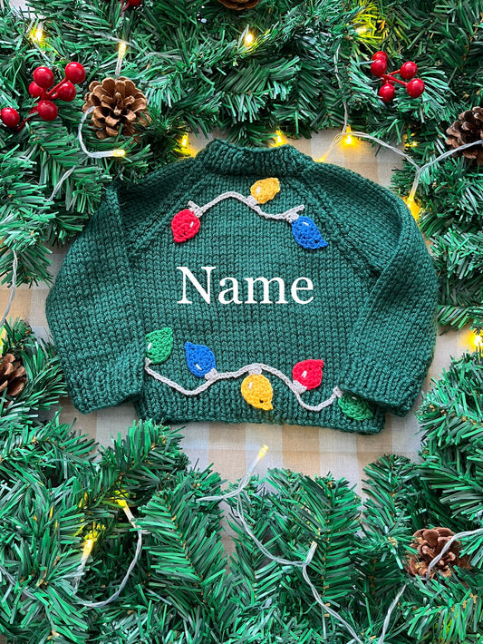 Personalise Me, Size 0-3 Months, Green Christmas Lights Name Cardi