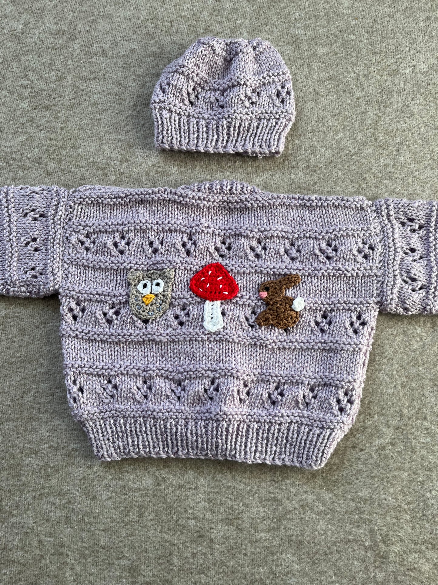 Size 0-3 Months, Glitter Lilac Cardigan & Hat Set, Woodland Cardigan, Hand knitted Baby Gift