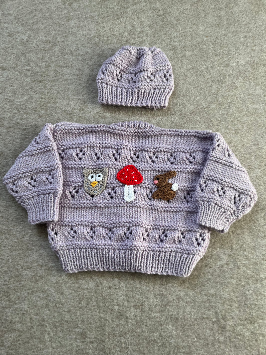 Size 0-3 Months, Glitter Lilac Cardigan & Hat Set, Woodland Cardigan, Hand knitted Baby Gift