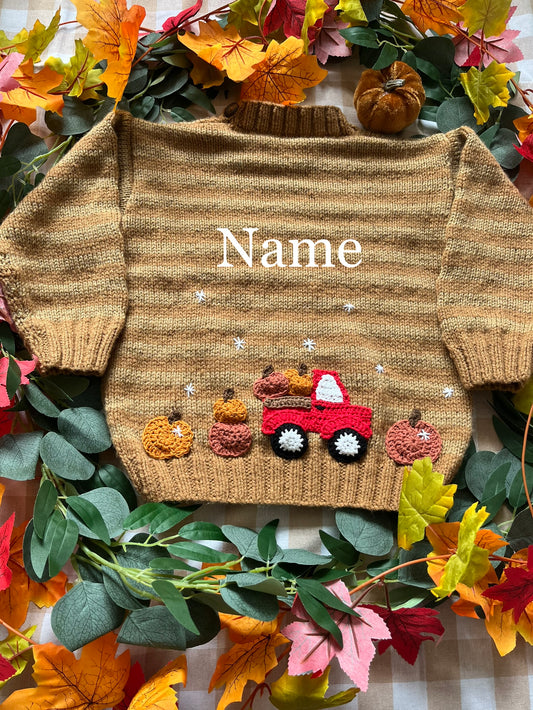 Personalise Me, Size 3-5 Years, Name Cardigan, Brown Stripe, Red Pumpkin truck & Pumpkins