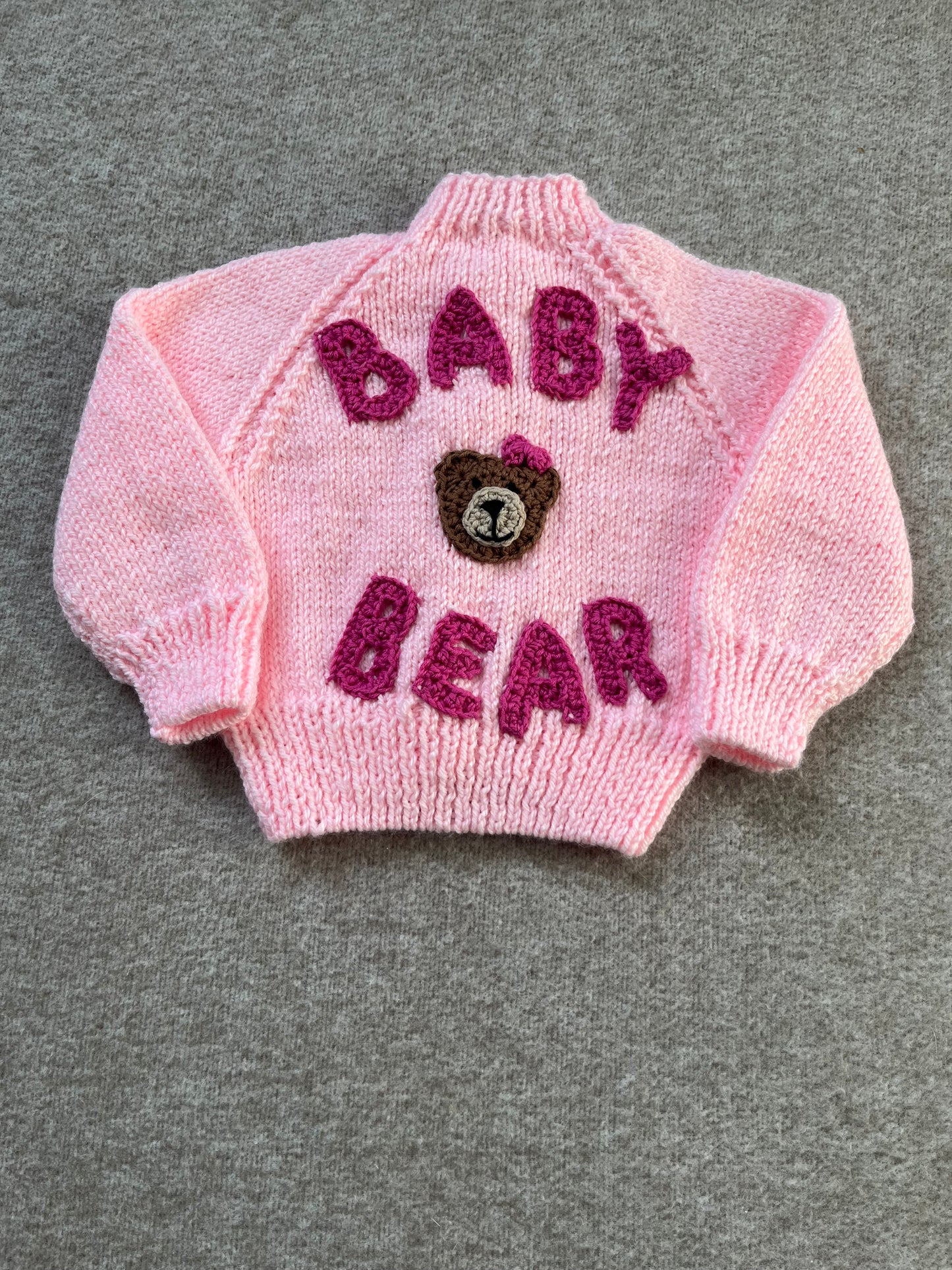 Size 3-6 Months, Pink Baby Bear Hand Knitted Cardigan