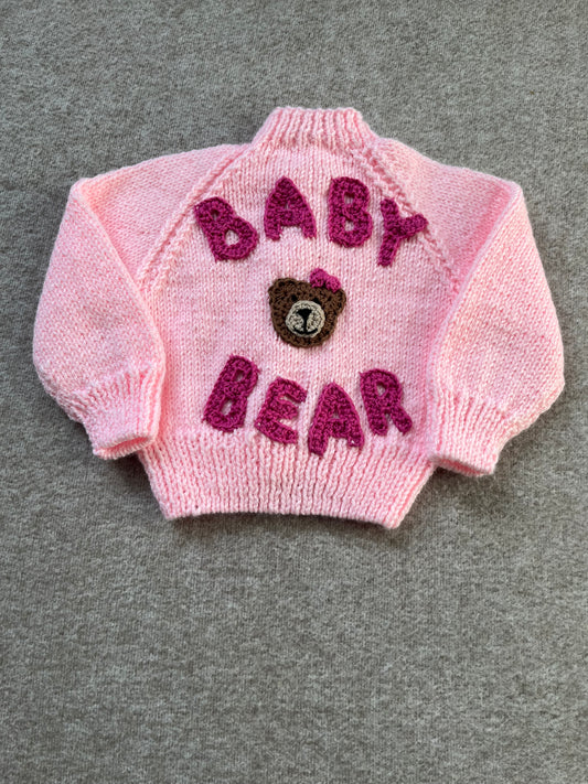 Size 3-6 Months, Pink Baby Bear Hand Knitted Cardigan