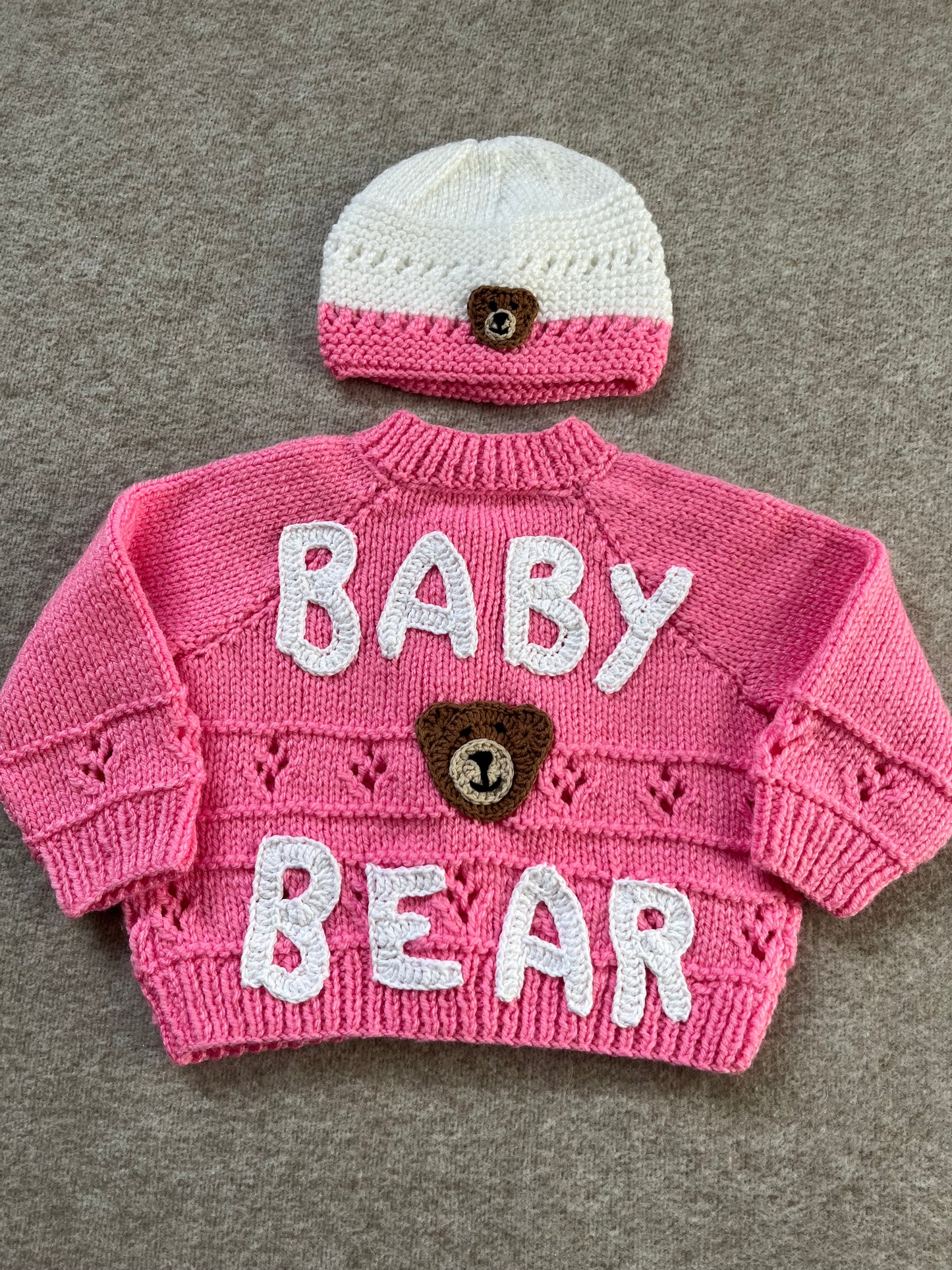 Size 6-12 Months, Baby Bear Cardigan & Hat Set, Hand Knitted Pink & White