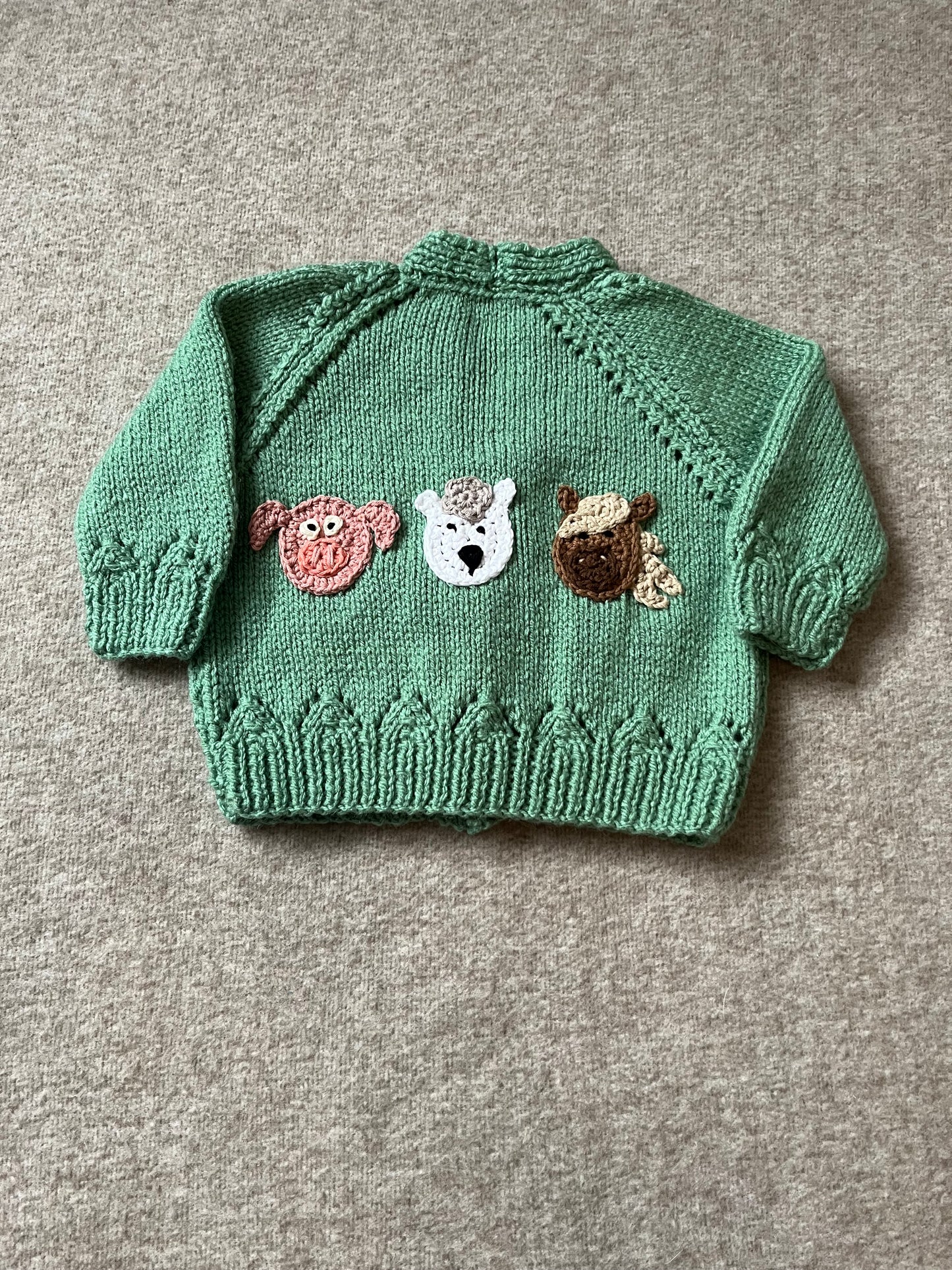 Size 6 Months, Farm Animal Green Cardigan, Hand Knitted Baby Cardigan