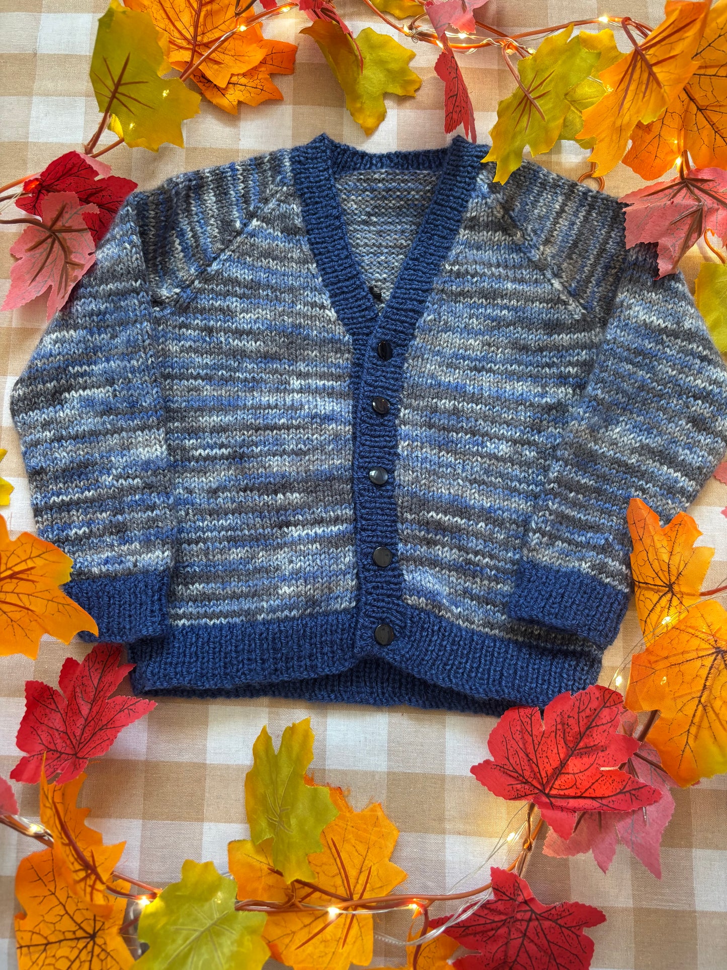 Size 1-2 Years, Little Boo, Blue /Black Hand Knitted Cardi