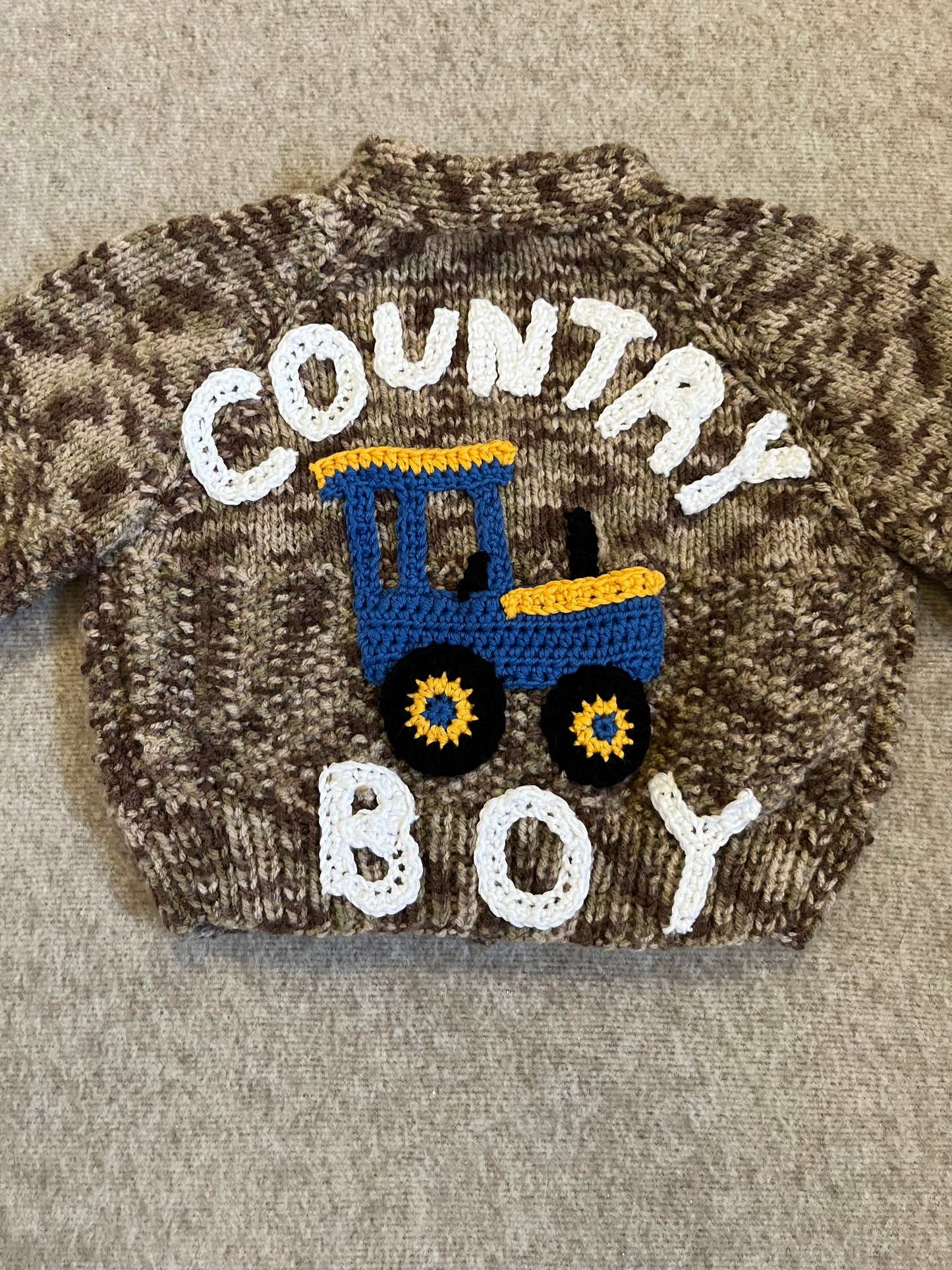 Size 0-6 Months, Country Boy, Hand Knitted Speckled Brown Cardigan with Tractor