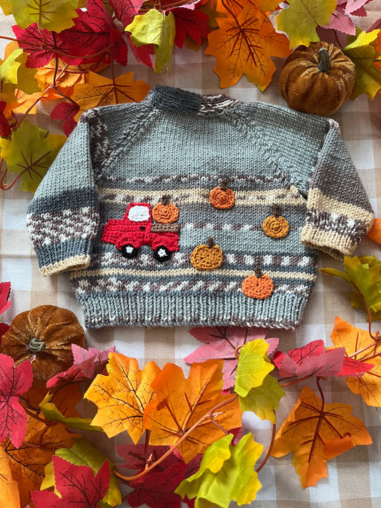 Size 0-6 Months, Grey Stripe Pumpkin Truck Cardigan