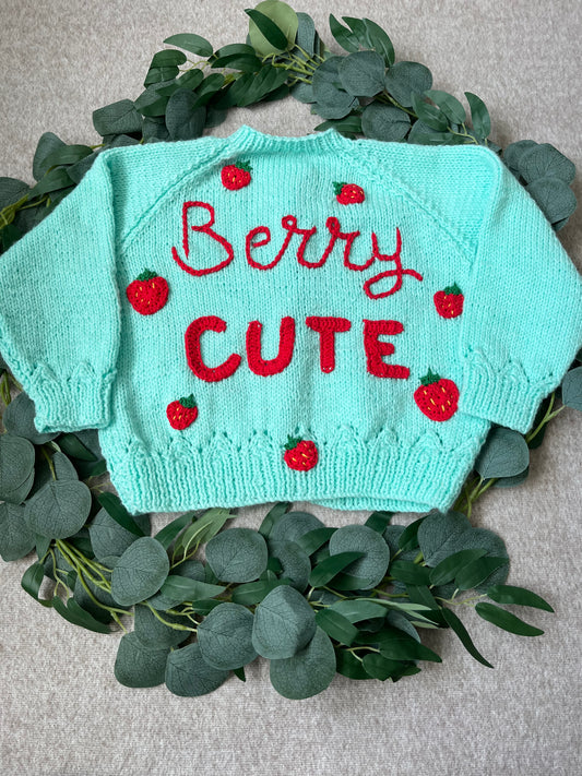 Size 3-5 Years, Berry Cute, Strawberry Buttons, Hand Knitted Cardigan
