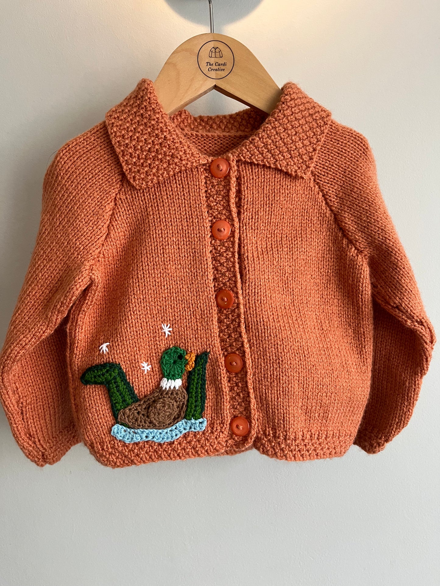 Size 12-18 Months, Duck Pond, Collar Cardigan, Hand knitted Baby