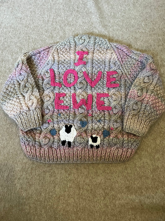 Size 2-4 Years, I Love Ewe, Hand Knitted Ombre Cardigan, Sheep Cardigan