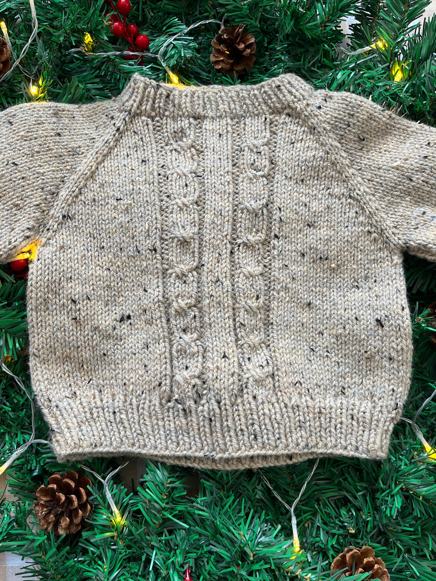 Size 2-4 Years, Rustic Tractor & Christmas Tree Beige Fleck Jumper