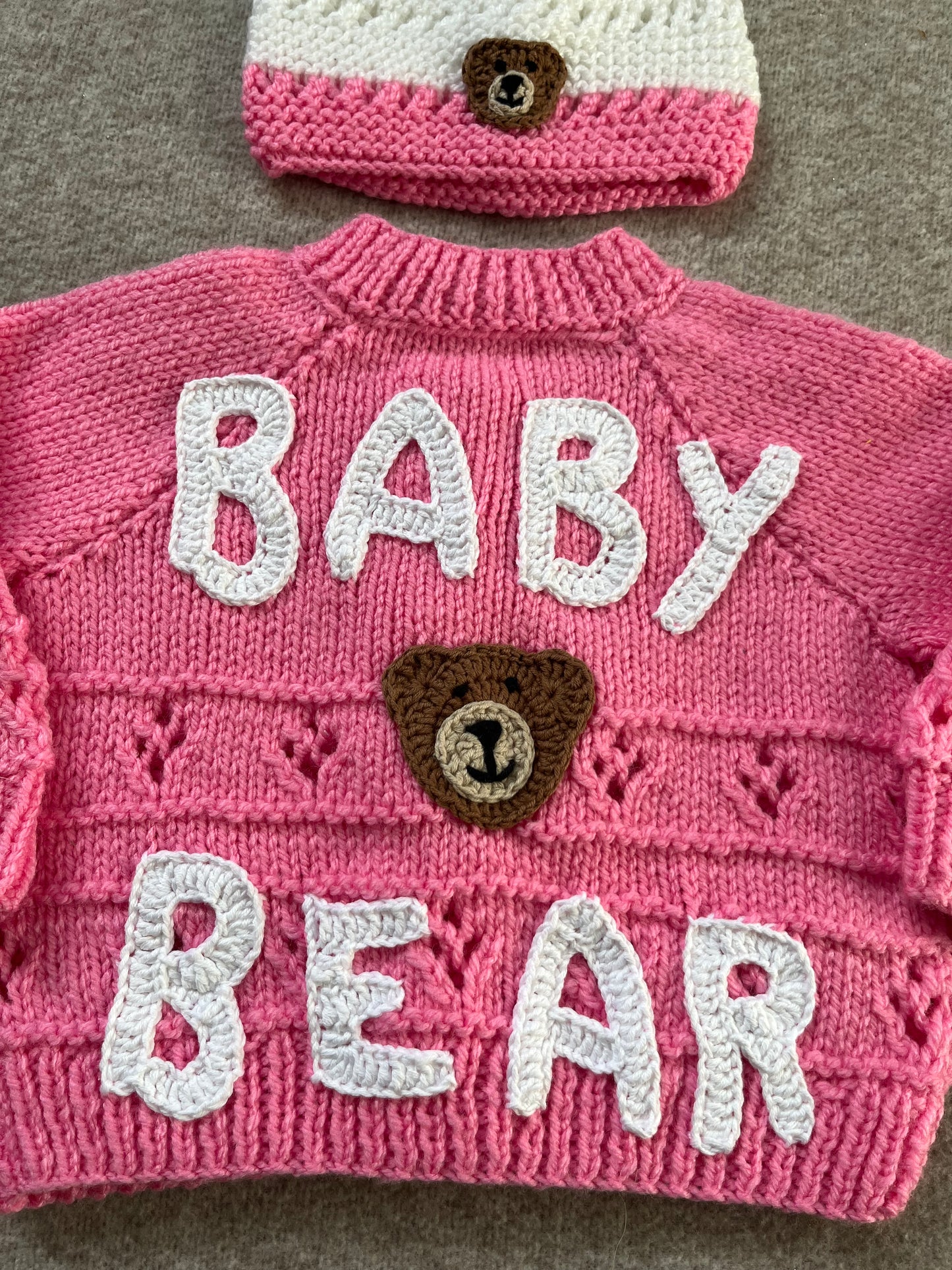 Size 6-12 Months, Baby Bear Cardigan & Hat Set, Hand Knitted Pink & White