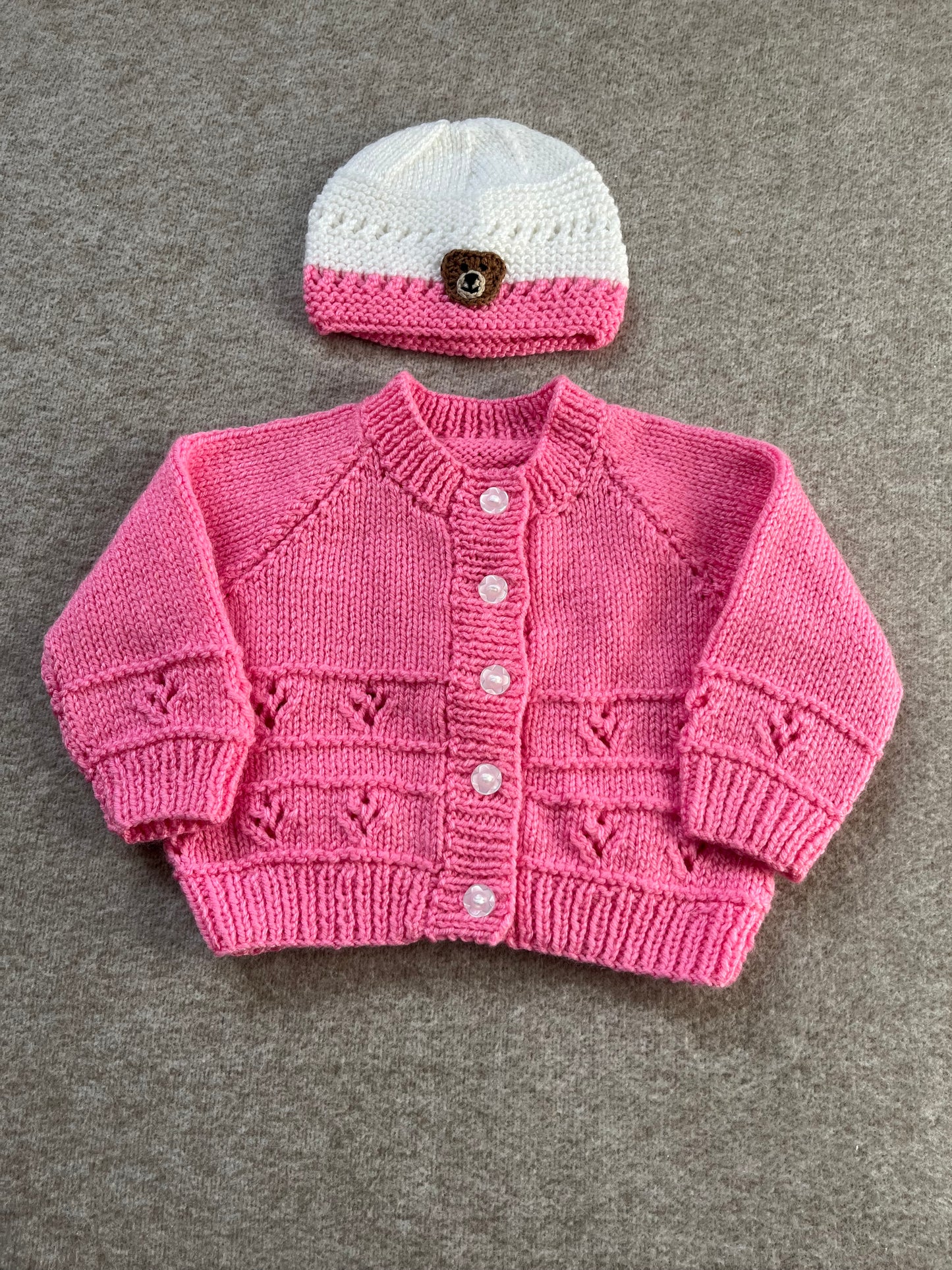 Size 6-12 Months, Baby Bear Cardigan & Hat Set, Hand Knitted Pink & White