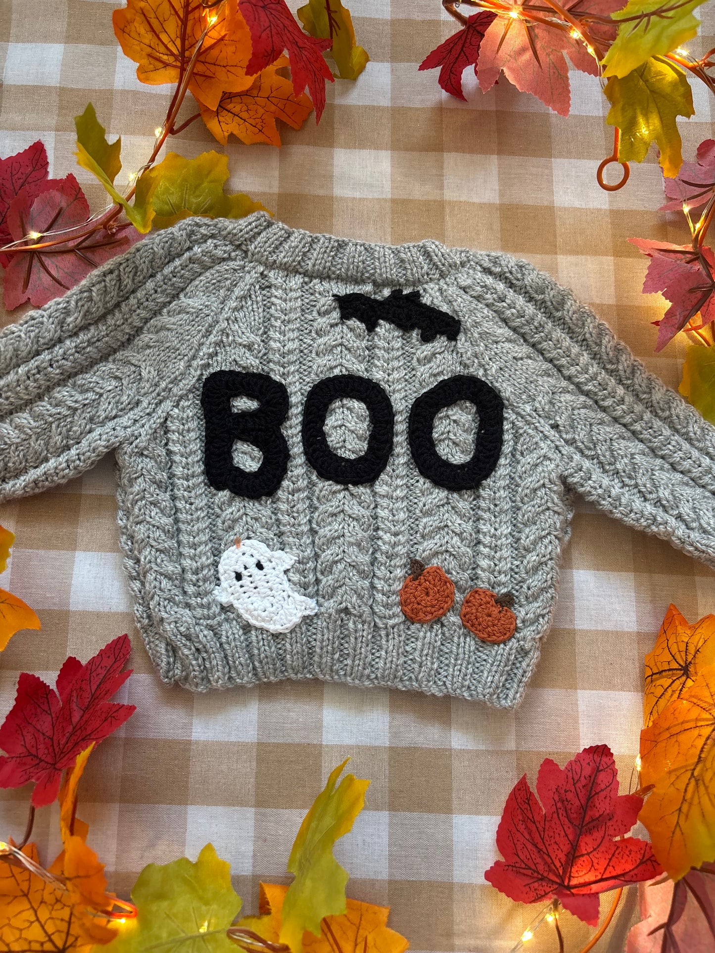 Size 0-3 Months, Boo Cardigan, Halloween Baby Cardigan, Grey Hand knitted