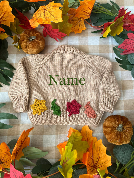 Personalise Me, Size 0-3 Months, Beige Autumn Leaves Name Cardigan