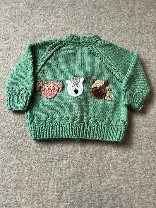 Size 6 Months, Farm Animal Green Cardigan, Hand Knitted Baby Cardigan