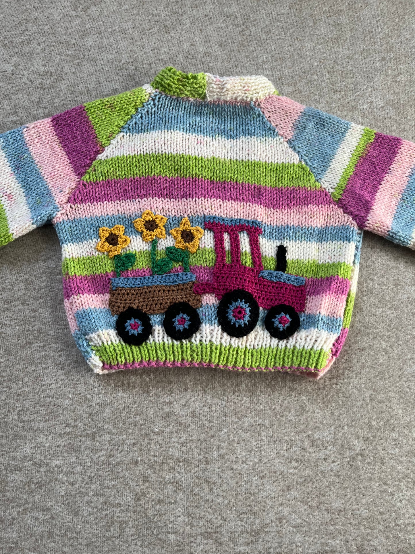 Size 6-12 Months, Sunflower Tractor, Stripe Hand Knitted Cardigan