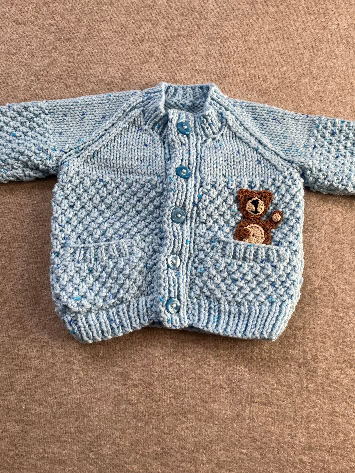 Size 6-12 Months, Blue Baby Bear Hand Knitted Cardigan, Bear In Pocket