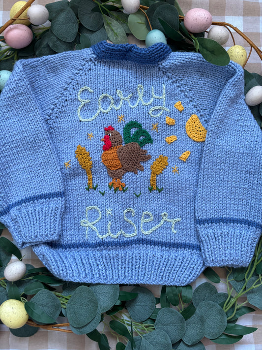 Size 3-5 years, Early Riser, blue chunky Cardi