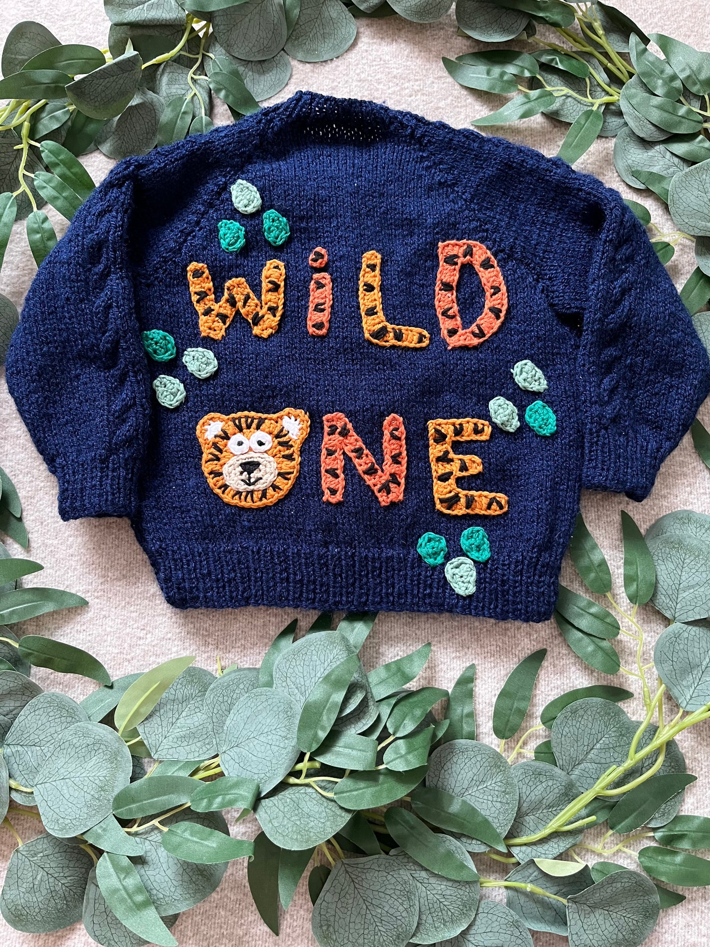 Size 12-18 Months, Wild One, Hand knitted Navy Cardigan, First Birthday Cardigan