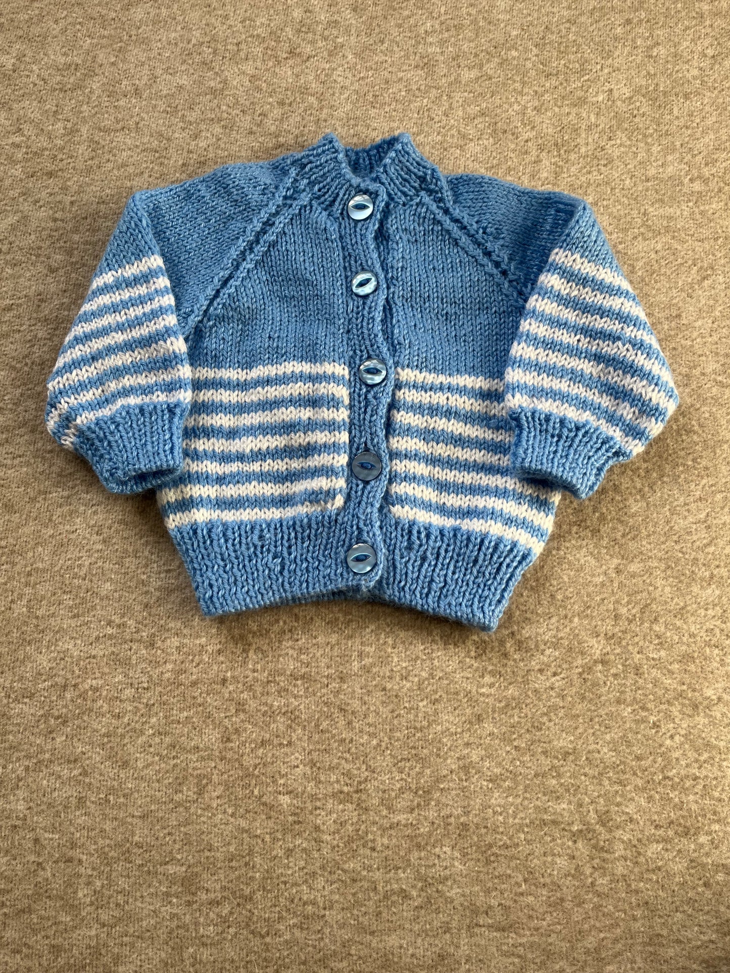 Size 6 Months, Lion Cub, Blue Hand Knitted Cardigan, White Stripe