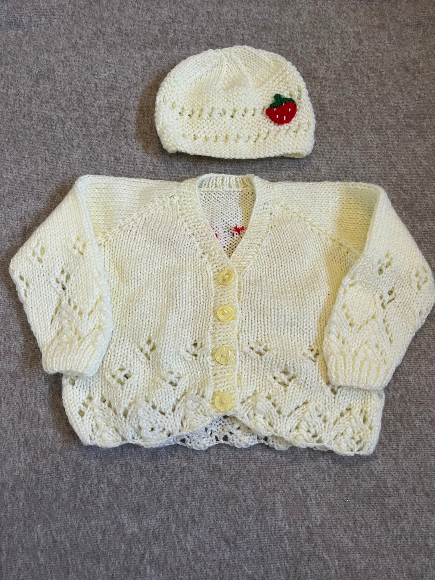 Size 6-9 Months, Berry Cute, Lemon Cardigan & Hat Set, Strawberry Cardigan