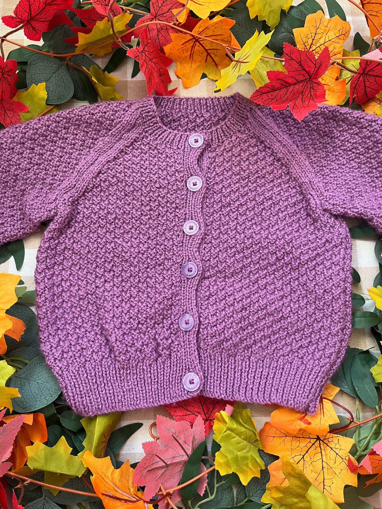 Size 2-3 Years, Autumn Fairy, Purple Hand Knitted Cardigan