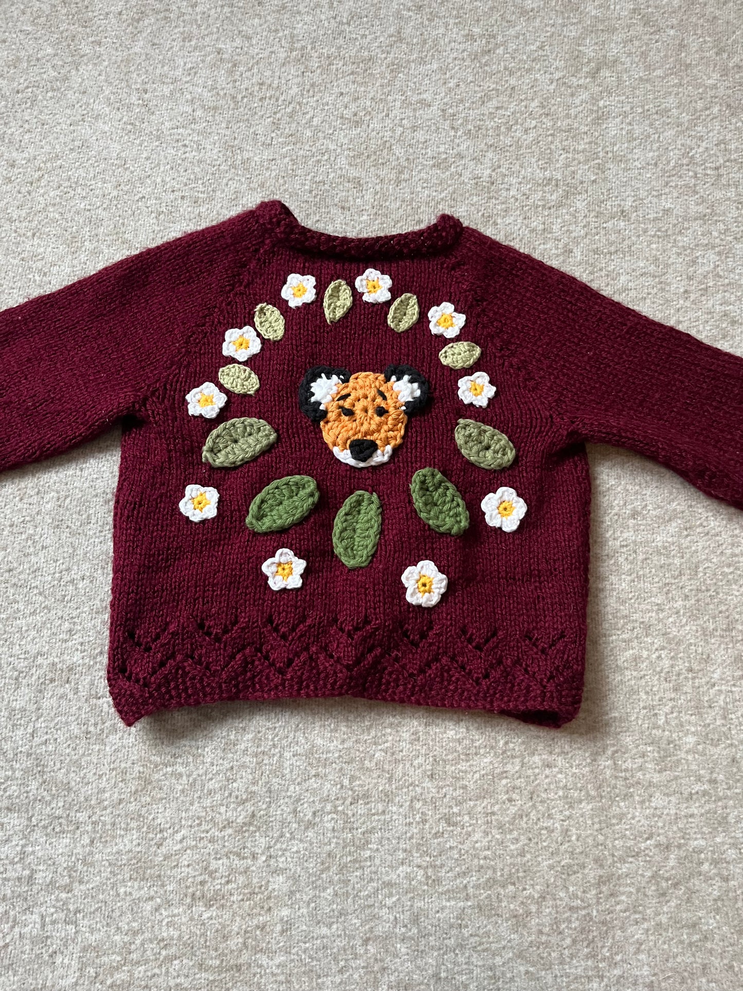 Size 6-12 Months, Woodland Fox Cardigan, Hand knitted Baby Girl Cardigan