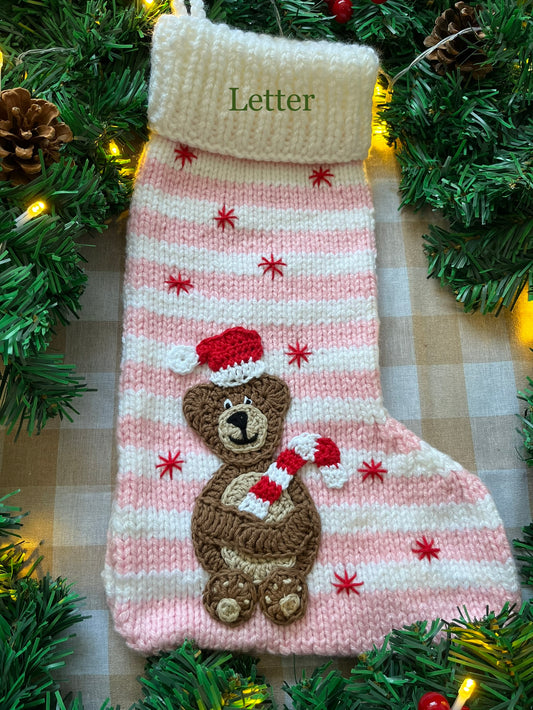 Christmas Stocking, Pink & White Stripe, Bear with a Candy Cane