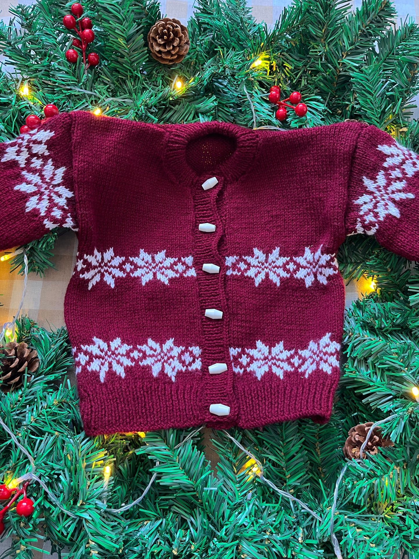 Size 2-3 Years, Let it Snow, Burgandy Hand Knit Cardigan