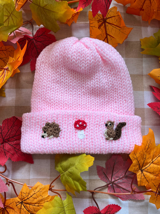 Size 4-6 Years, Pink Hand Knitted Hat, Tiny Headgehog, Toadstool & Squirrel