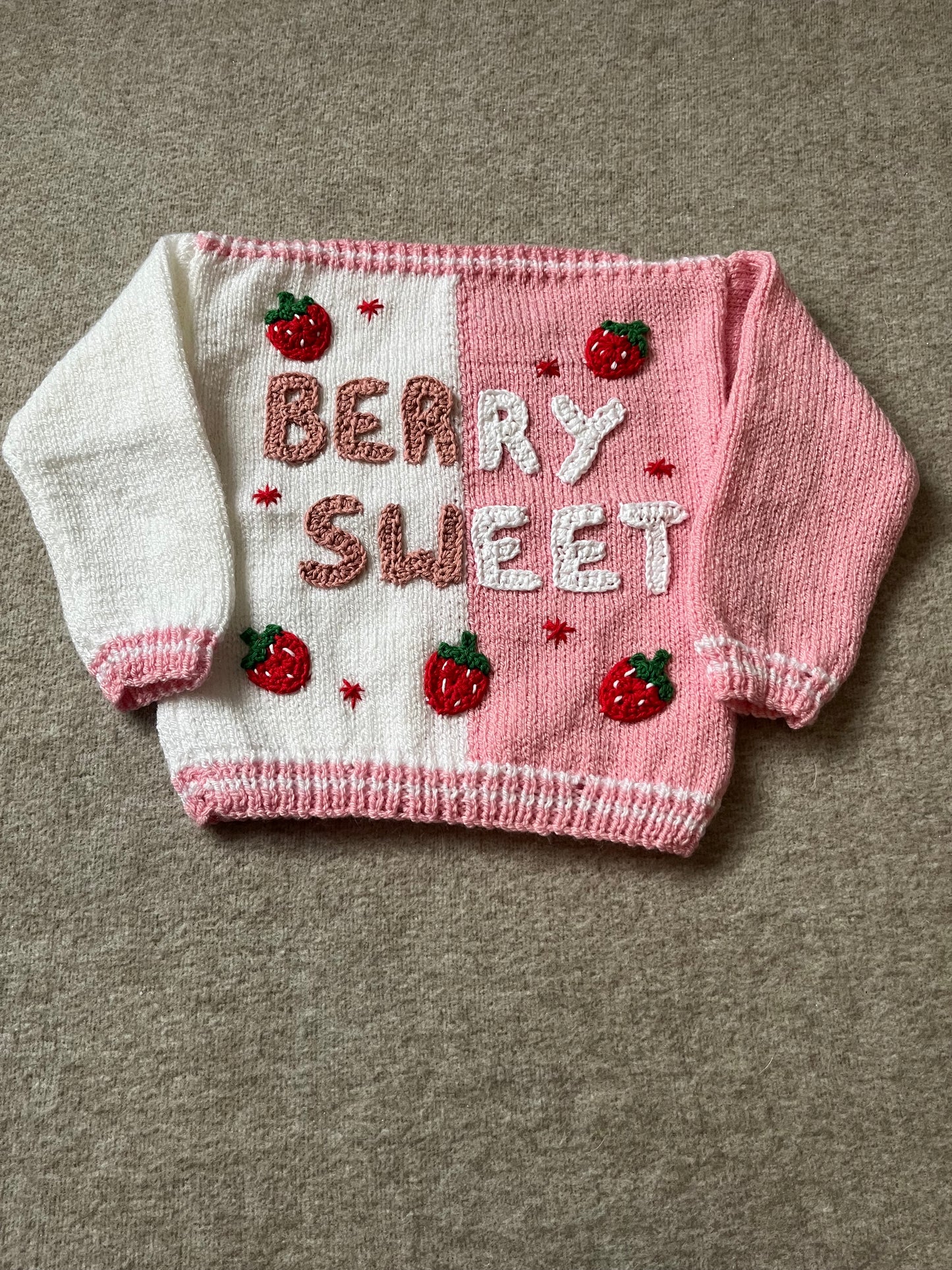 Size 12-18 Months, Berry Sweet, Strawberry Sweater, Hand Knitted Baby Jumper, Two Tone Pink & White