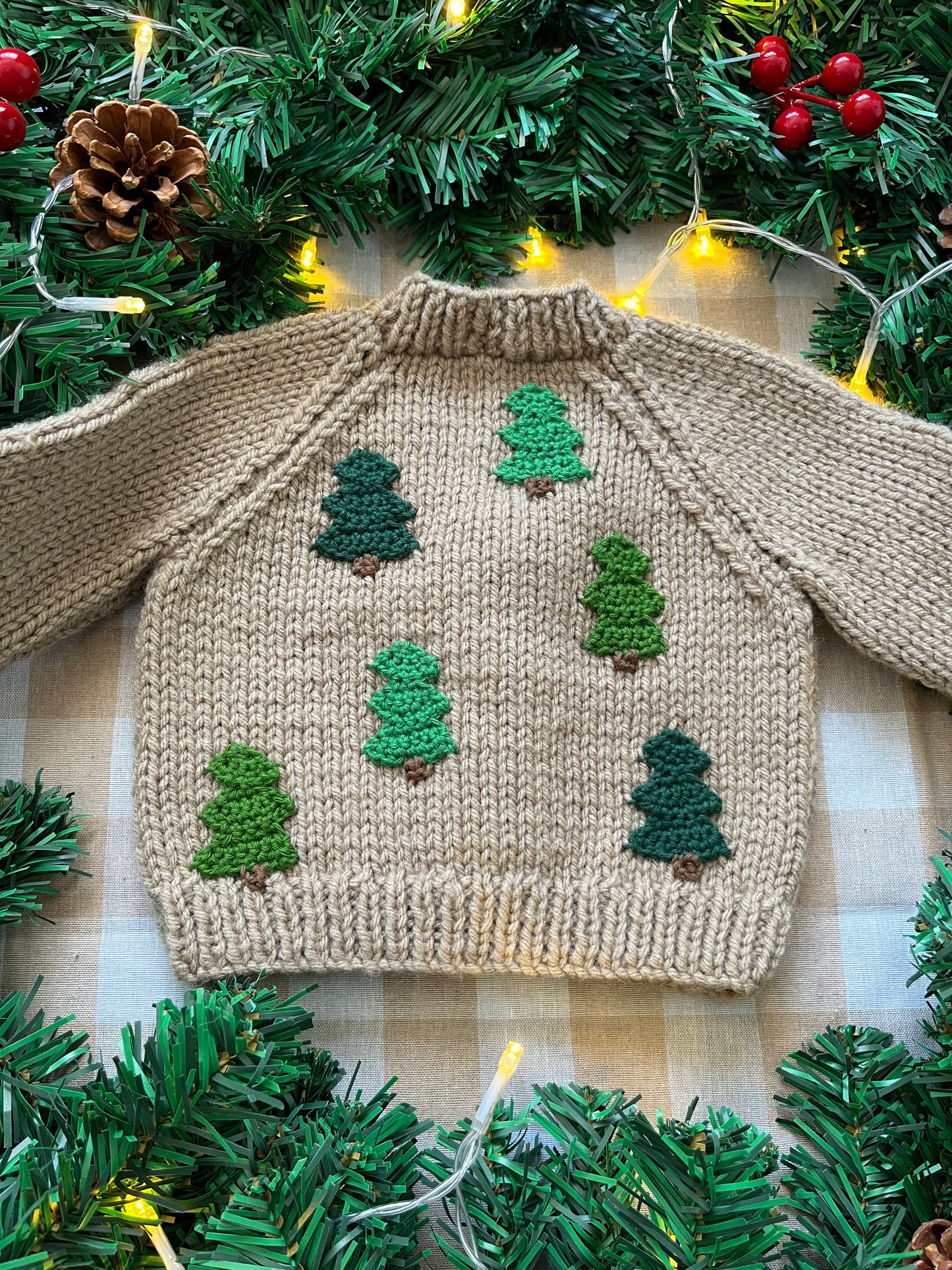 Size 0-3 Months, Beige Hand Knitted Cardi with Mini Christmas Tree’s
