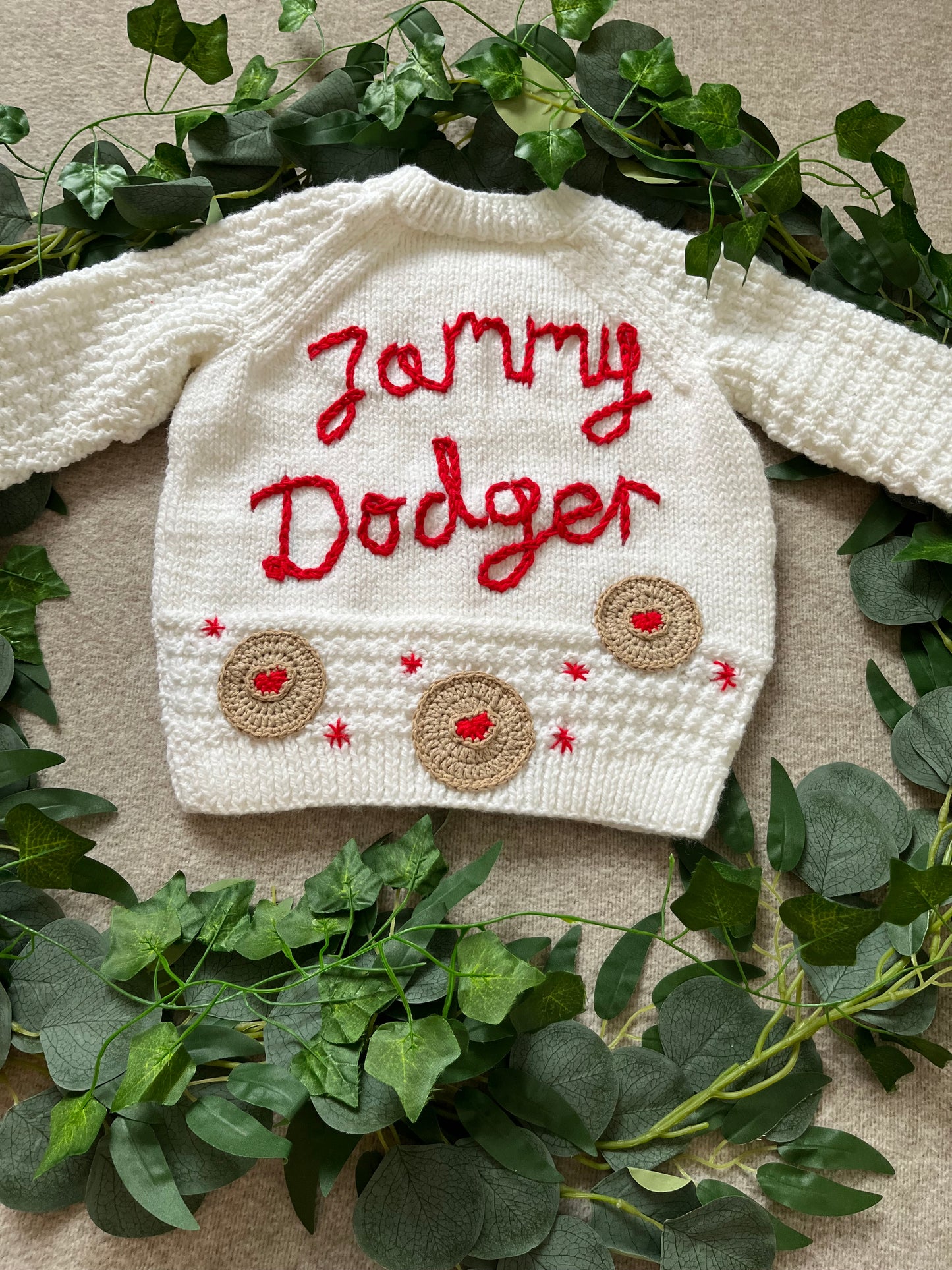 Size 1-2 Years, Jammy Dodger, White Hand Knitted Cardigan