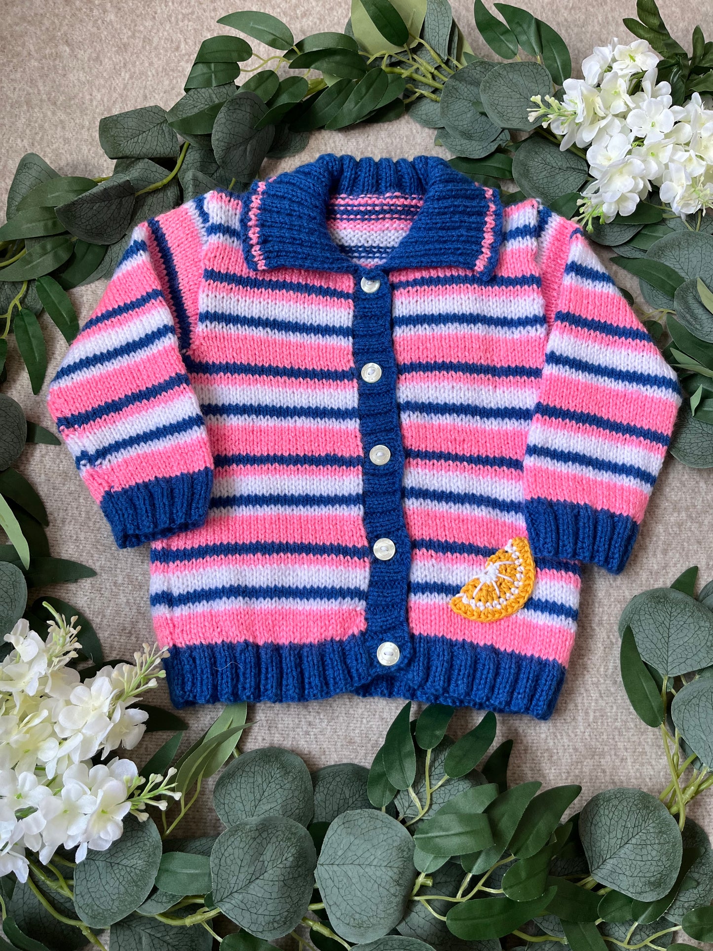 Size 12 Months, Personalise Me, Name Cardigan, Lemons, Hand Knitted Pink/ Blue/ White
