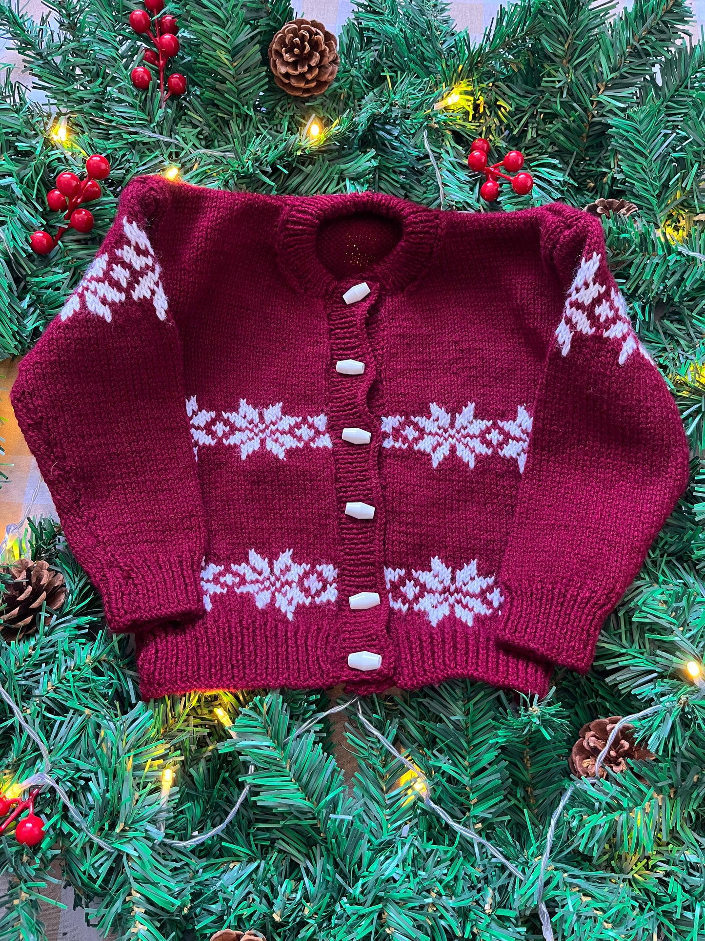 Size 2-3 Years, Let it Snow, Burgandy Hand Knit Cardigan