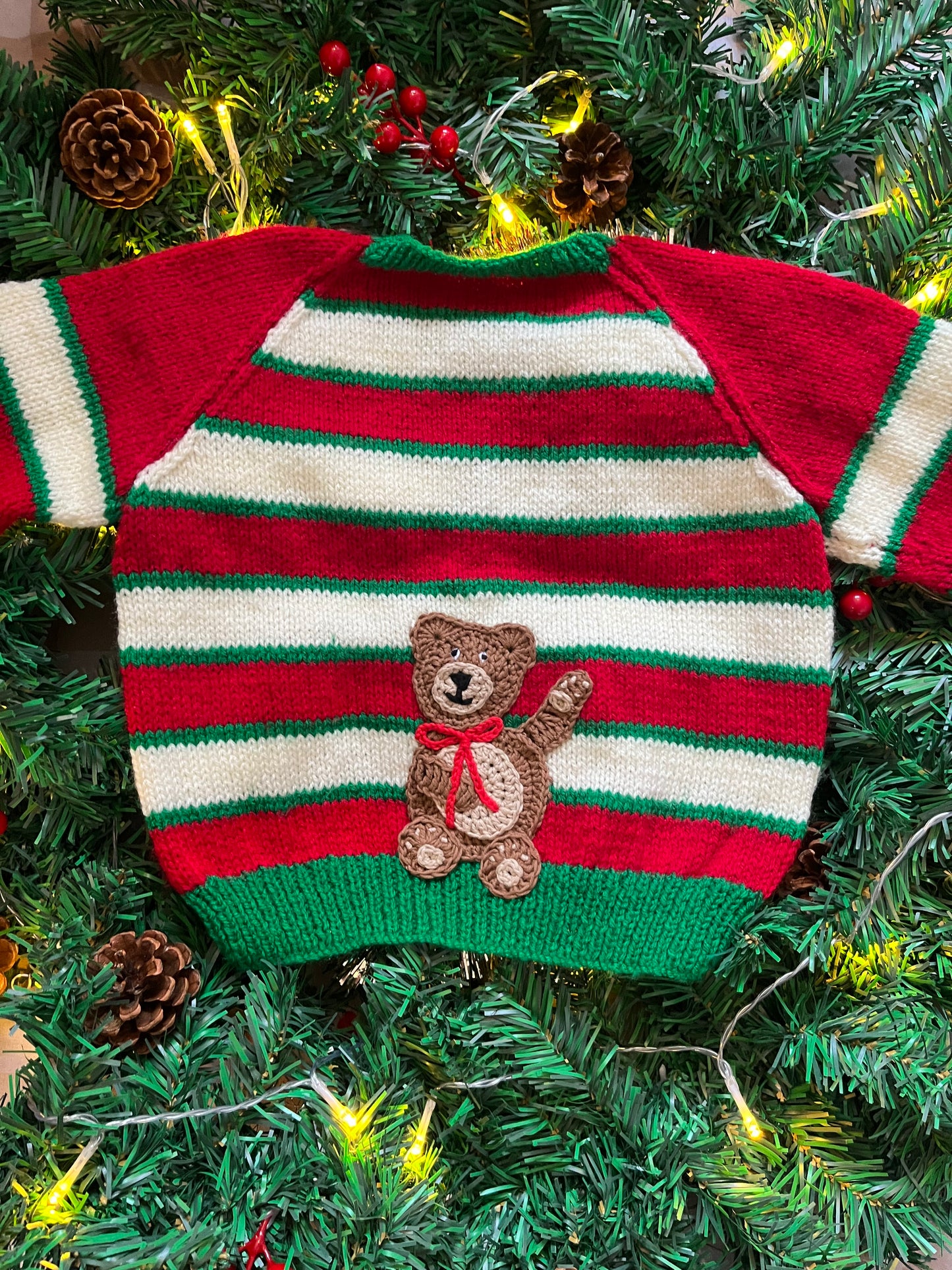 Personalise Me, Size 2-3 Years, Christmas Teddy Bear, Stripe Name Cardi